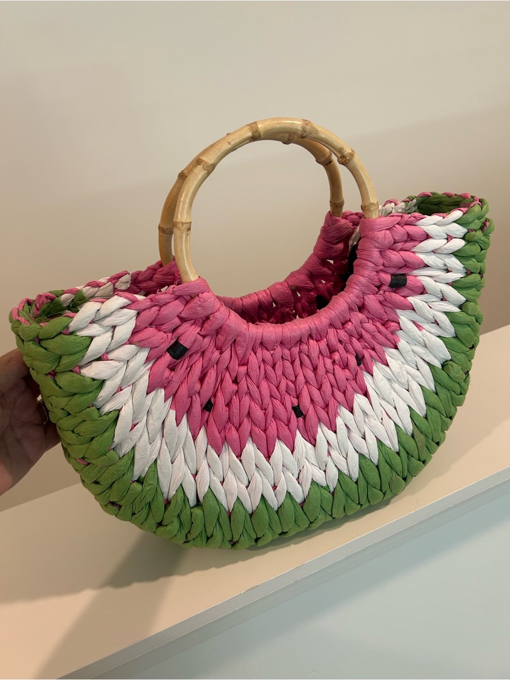 Woven Shoulder Bag in Pink & Green
